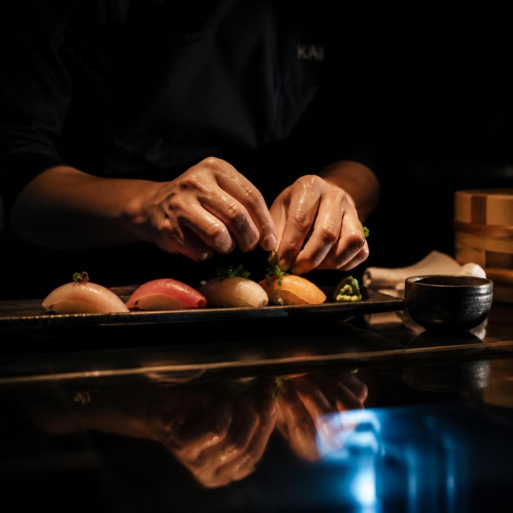 Koch richtet Nigiri unter schmalem Spotlight an